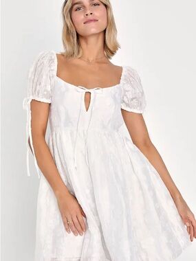 Lulu's White Puff-Sleeve Tie-Front Mini Dress